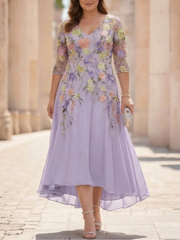A-Line/Princess V-Neck Chiffon Plus Size Mother of the Bride Dresses Half Sleeves Lace Floral Asymmetrical Tea-Length