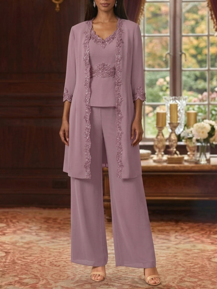 3 Pieces Suit V-Neck Chiffon Mother of the Bride Pantsuits with Jacket 3/4 Sleeves Ankle-Length Sequins Lace