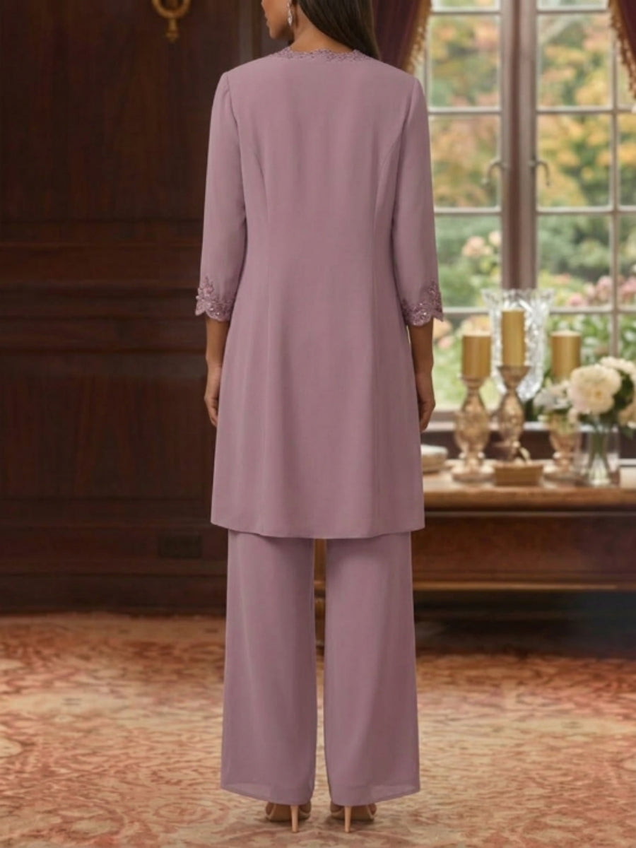 3 Pieces Suit V-Neck Chiffon Mother of the Bride Pantsuits with Jacket 3/4 Sleeves Ankle-Length Sequins Lace
