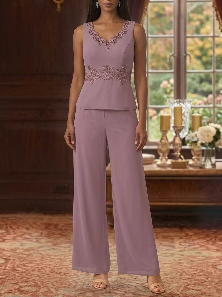 3 Pieces Suit V-Neck Chiffon Mother of the Bride Pantsuits with Jacket 3/4 Sleeves Ankle-Length Sequins Lace