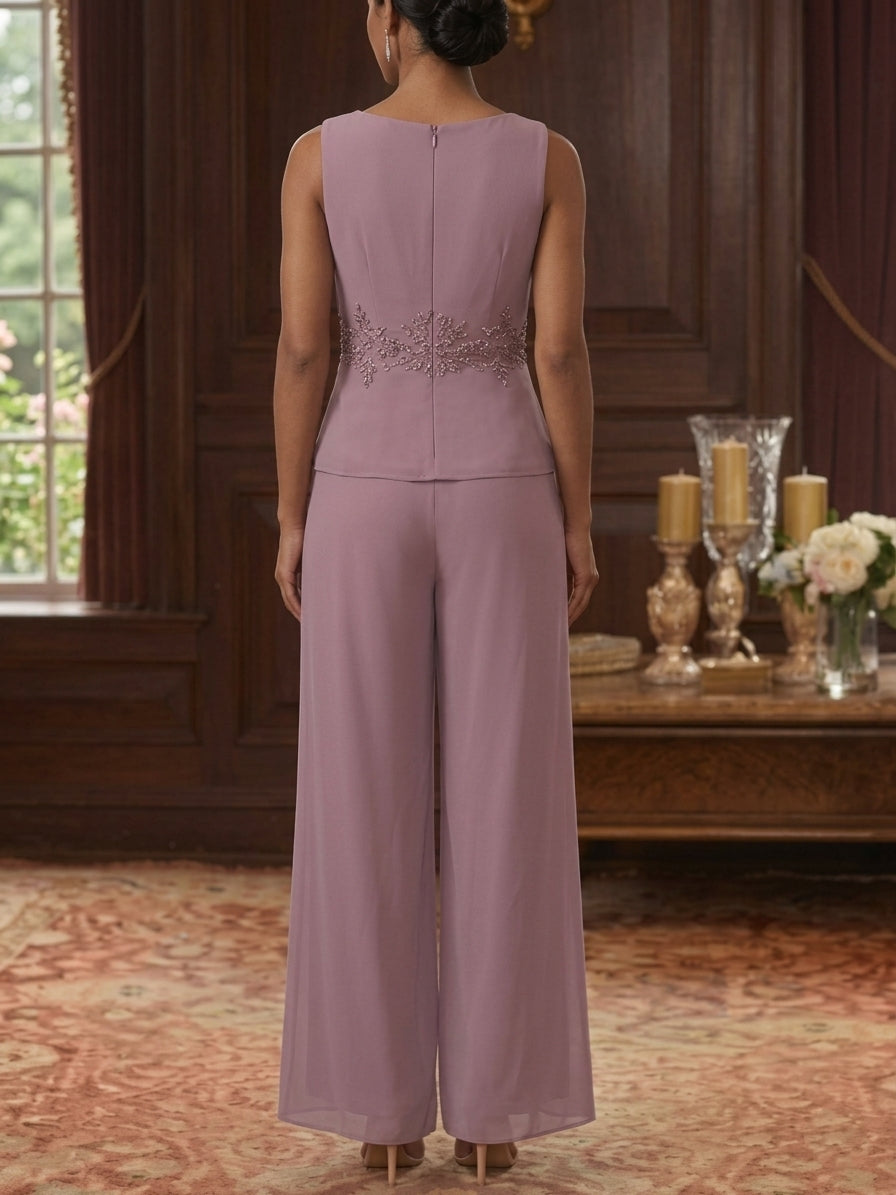 3 Pieces Suit V-Neck Chiffon Mother of the Bride Pantsuits with Jacket 3/4 Sleeves Ankle-Length Sequins Lace