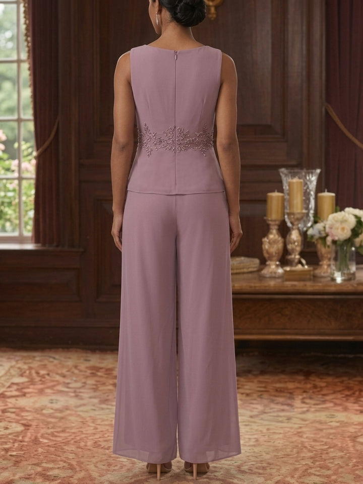 3 Pieces Suit V-Neck Chiffon Mother of the Bride Pantsuits with Jacket 3/4 Sleeves Ankle-Length Sequins Lace