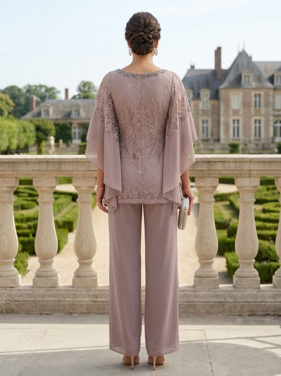 2 Piece Scoop Chiffon Mother of the Bride Pantsuits Half Sleeves Ankle-Length Lace Floral Beading