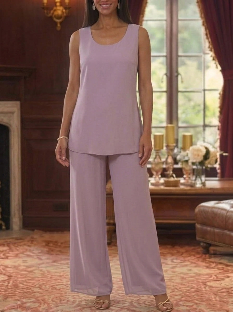 3 Pieces Suit Scoop Chiffon Mother of the Bride Pantsuits with Jacket Half Sleeves Lace Floral Ankle-Length