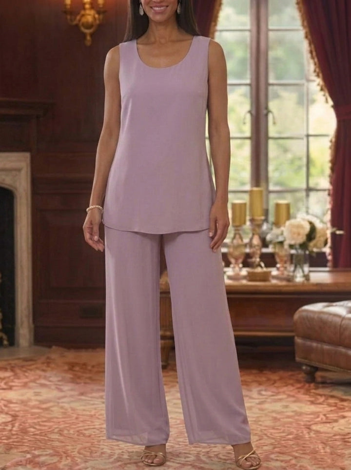 3 Pieces Suit Scoop Chiffon Mother of the Bride Pantsuits with Jacket Half Sleeves Lace Floral Ankle-Length