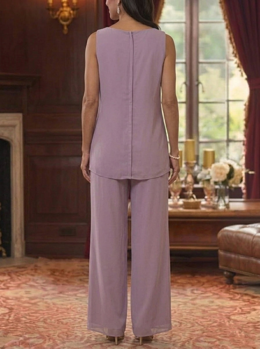 3 Pieces Suit Scoop Chiffon Mother of the Bride Pantsuits with Jacket Half Sleeves Lace Floral Ankle-Length