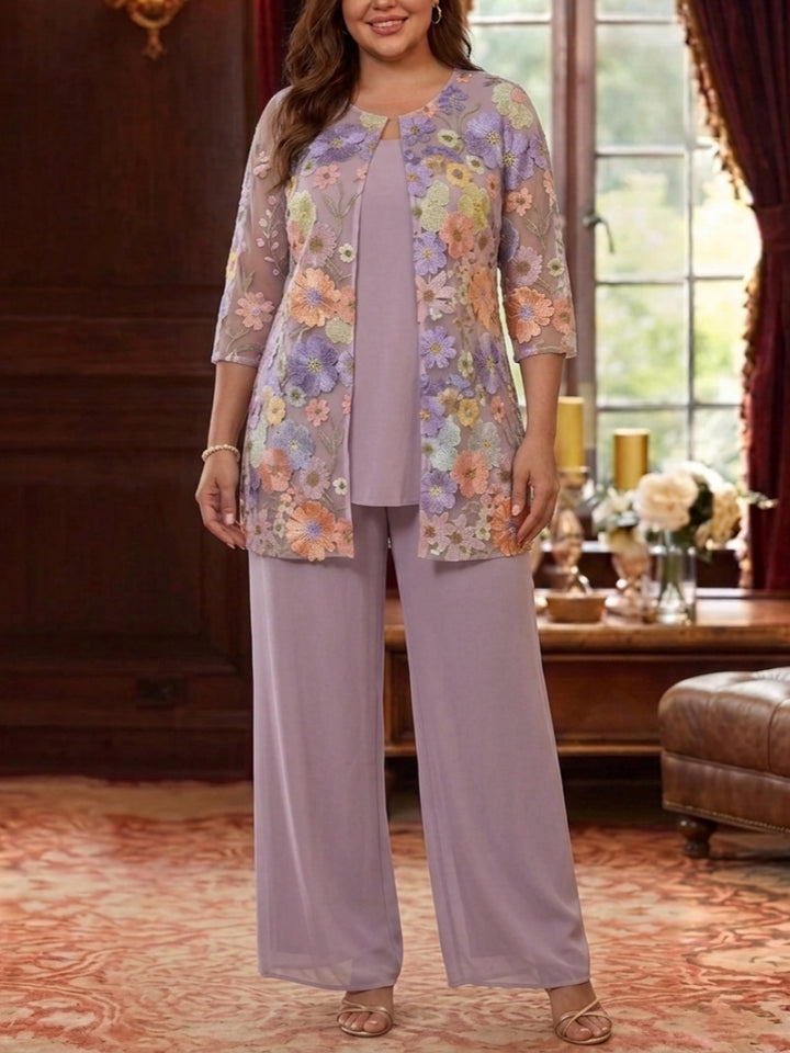 3 Pieces Suit Scoop Chiffon Plus Size Mother of the Bride Pantsuits with Jacket Half Sleeves Lace Floral Ankle-Length