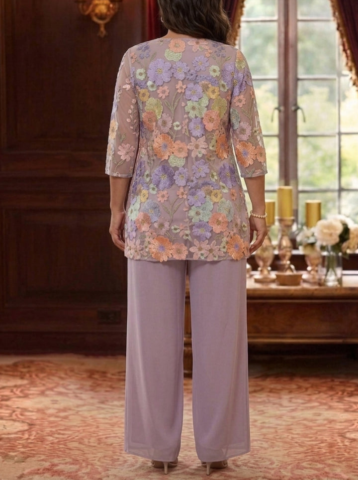3 Pieces Suit Scoop Chiffon Plus Size Mother of the Bride Pantsuits with Jacket Half Sleeves Lace Floral Ankle-Length