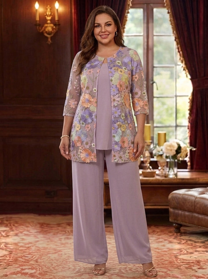 3 Pieces Suit Scoop Chiffon Plus Size Mother of the Bride Pantsuits with Jacket Half Sleeves Lace Floral Ankle-Length