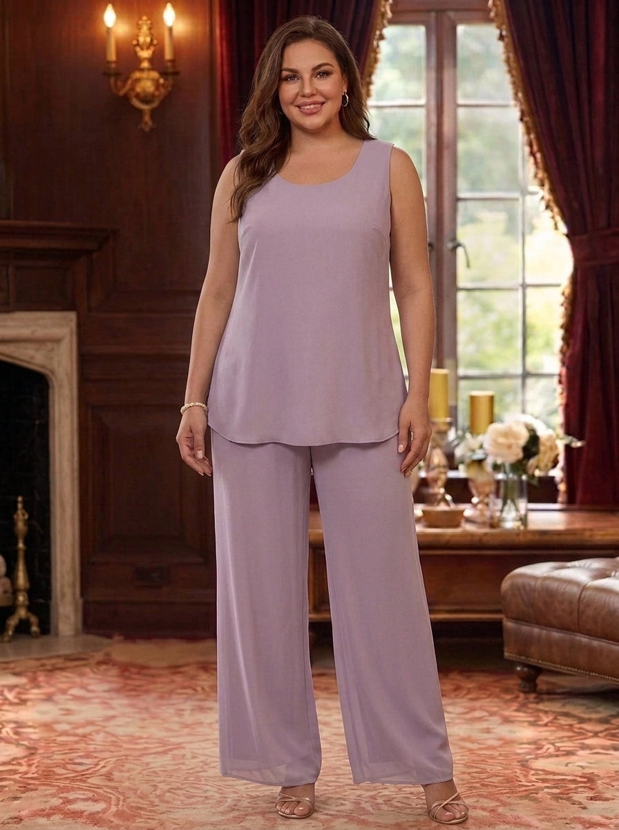 3 Pieces Suit Scoop Chiffon Plus Size Mother of the Bride Pantsuits with Jacket Half Sleeves Lace Floral Ankle-Length