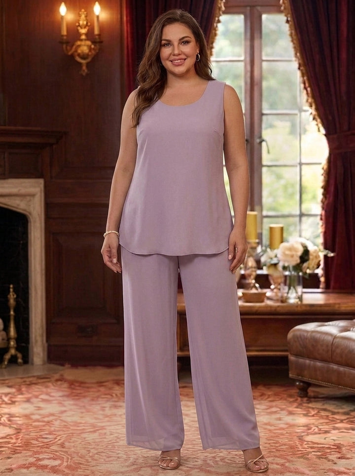 3 Pieces Suit Scoop Chiffon Plus Size Mother of the Bride Pantsuits with Jacket Half Sleeves Lace Floral Ankle-Length