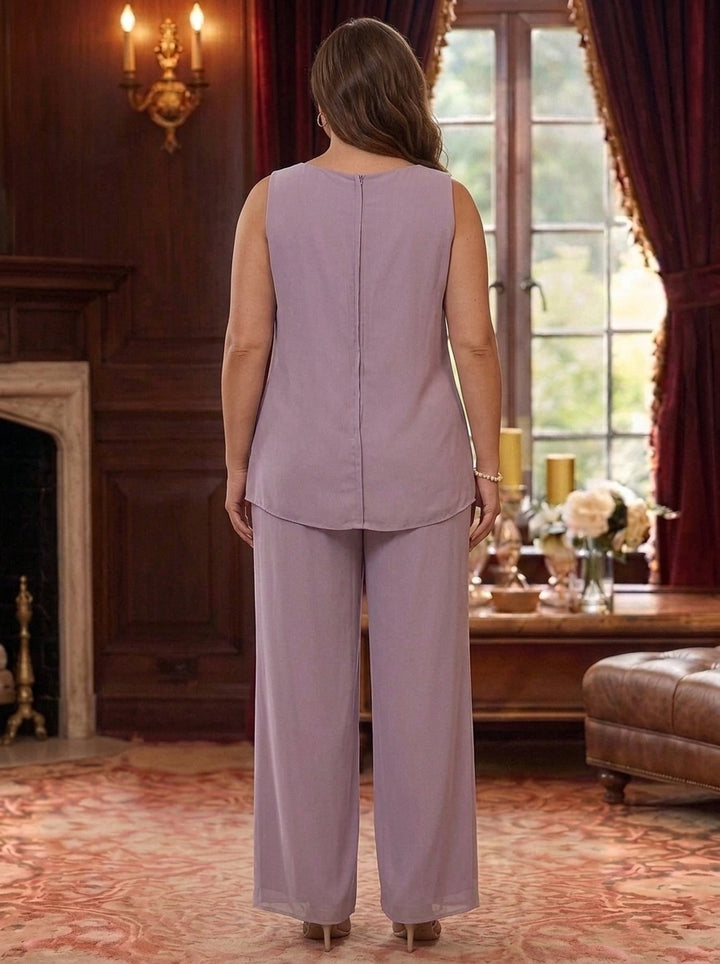 3 Pieces Suit Scoop Chiffon Plus Size Mother of the Bride Pantsuits with Jacket Half Sleeves Lace Floral Ankle-Length