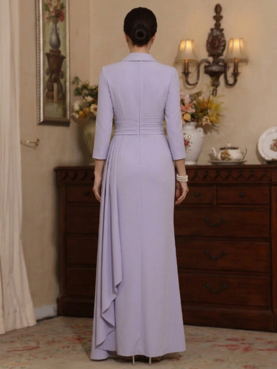 Sheath/Column V-Neck Stretch Satin Mother Of The Bride Dresses with Watteau Train 3/4 Sleeves Ankle-Length