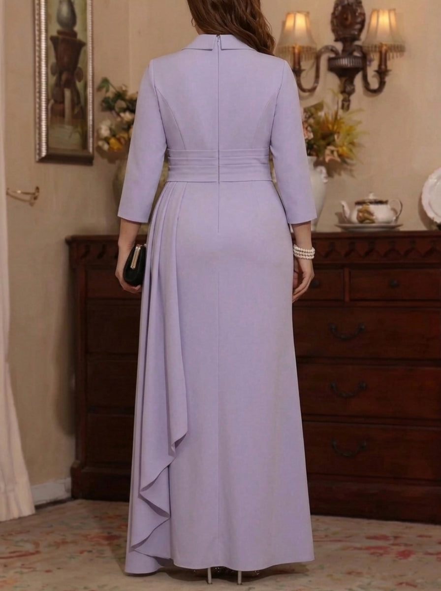 Sheath/Column V-Neck Stretch Satin Plus Size Mother Of The Bride Dresses with Watteau Train 3/4 Sleeves Ankle-Length
