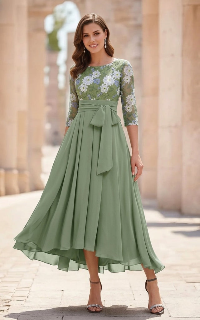 A-Line/Princess Scoop Chiffon Mother of the Bride Dresses 3/4 Sleeves Lace Floral Tea-Length With Pleated Bowknot, Dusty Sage