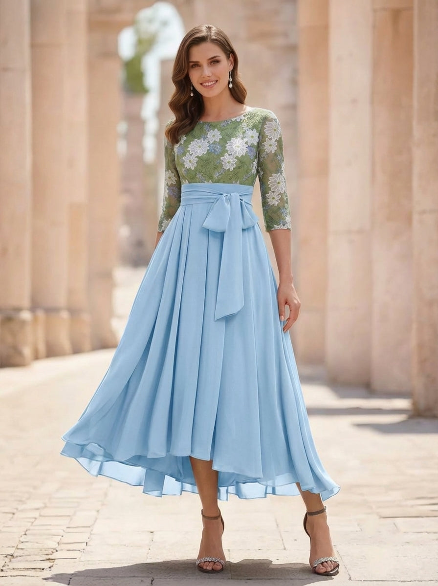 A-Line/Princess Scoop Chiffon Mother of the Bride Dresses 3/4 Sleeves Lace Floral Tea-Length With Pleated Bowknot