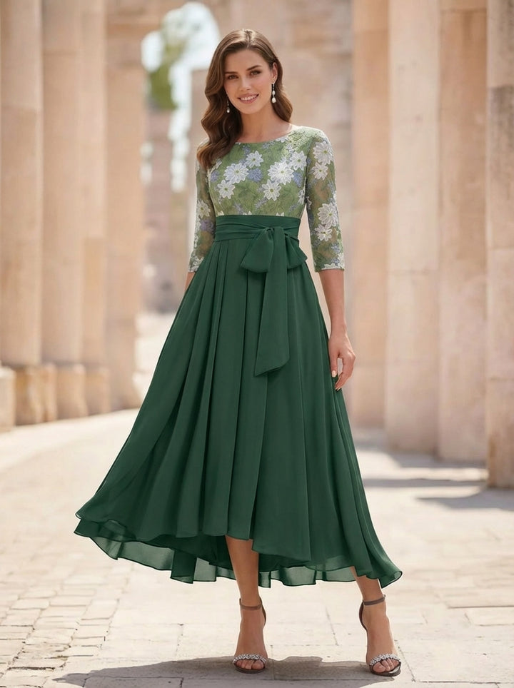 A-Line/Princess Scoop Chiffon Mother of the Bride Dresses 3/4 Sleeves Lace Floral Tea-Length With Pleated Bowknot