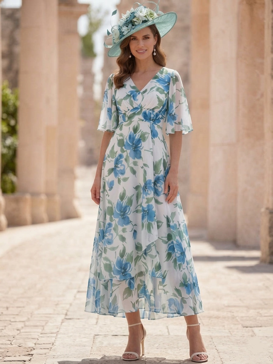 A-Line/Princess V-Neck Chiffon Mother of the Bride Dresses Short Sleeves Floral Tea-Length Ruched