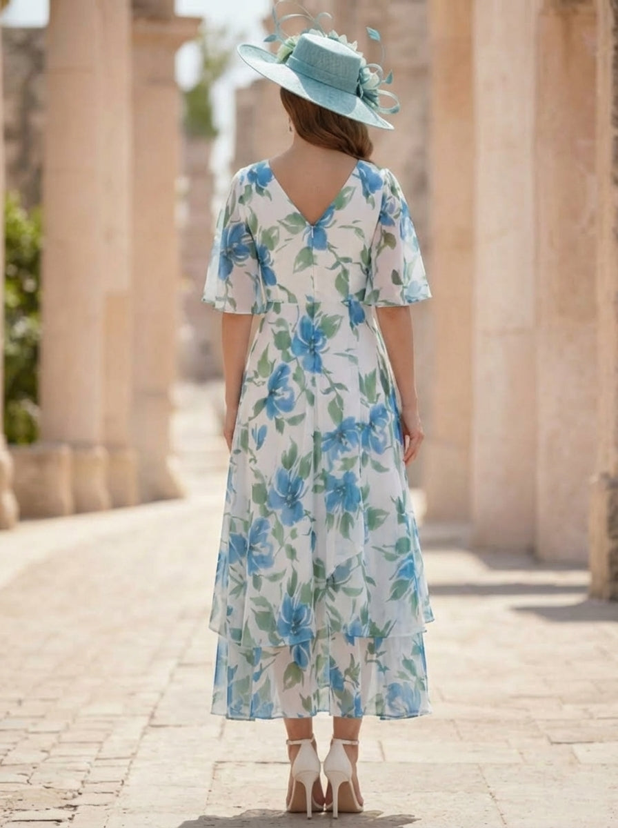 A-Line/Princess V-Neck Chiffon Mother of the Bride Dresses Short Sleeves Floral Tea-Length Ruched
