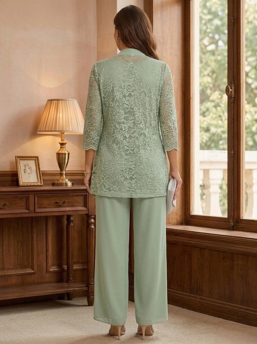 3 Pieces Suit Scoop Chiffon Plus Size Mother of the Bride Pantsuits with Jacket 3/4 Sleeves Lace Floor-Length