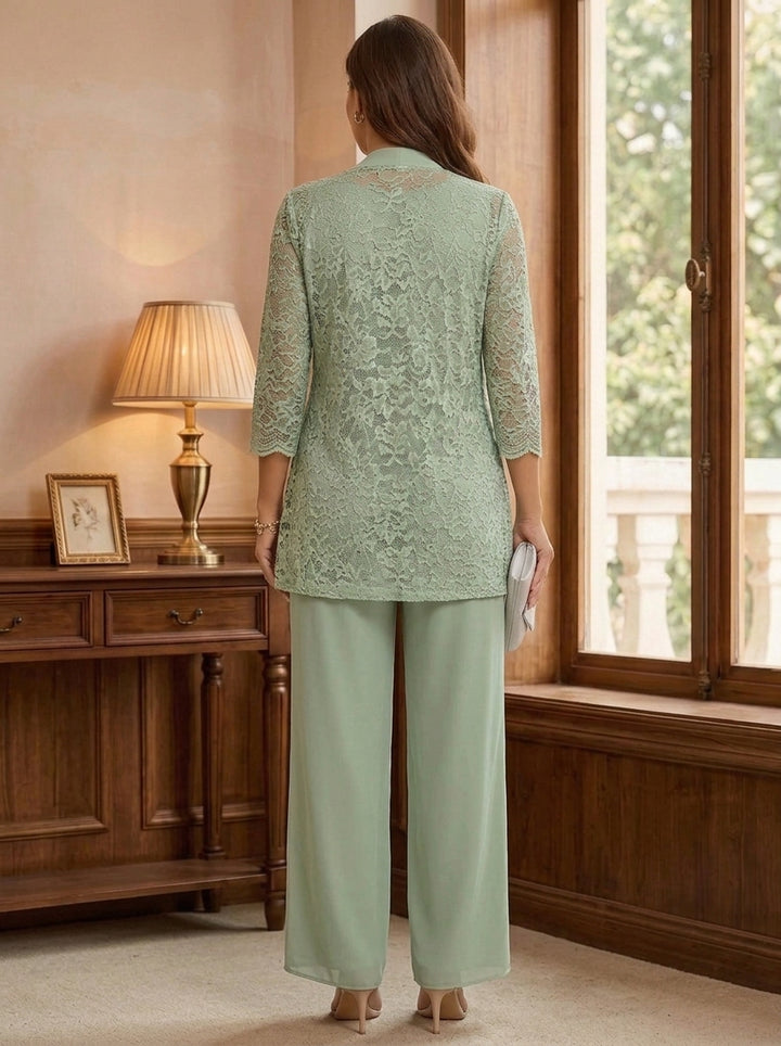 3 Pieces Suit Scoop Chiffon Plus Size Mother of the Bride Pantsuits with Jacket 3/4 Sleeves Lace Floor-Length