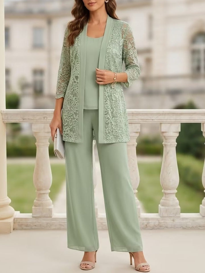 3 Pieces Suit Scoop Chiffon Mother of the Bride Pantsuits with Jacket 3/4 Sleeves Lace Floor-Length