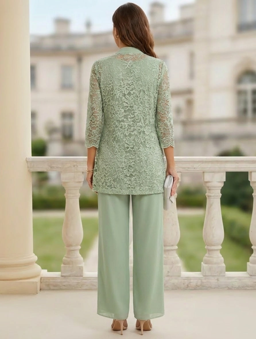3 Pieces Suit Scoop Chiffon Mother of the Bride Pantsuits with Jacket 3/4 Sleeves Lace Floor-Length