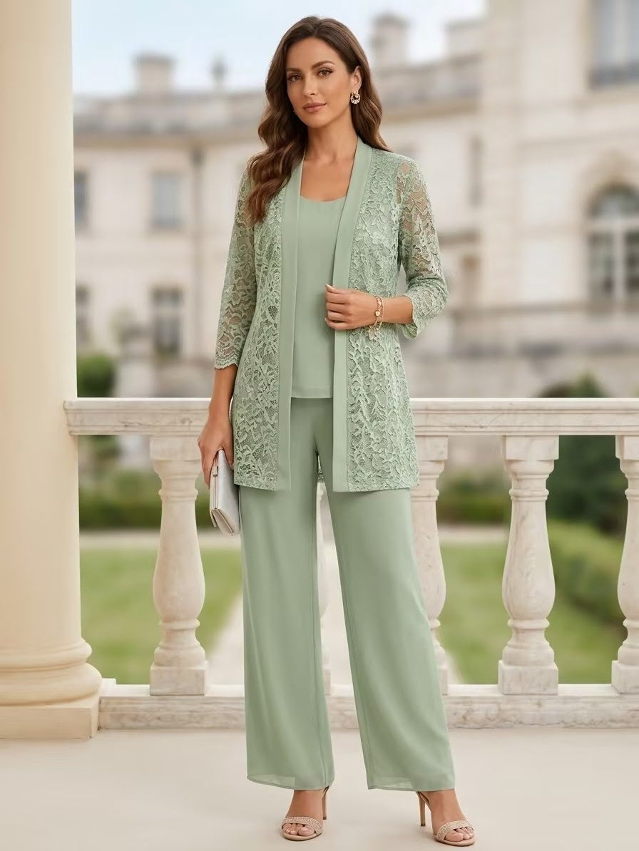 3 Pieces Suit Scoop Chiffon Mother of the Bride Pantsuits with Jacket 3/4 Sleeves Lace Floor-Length