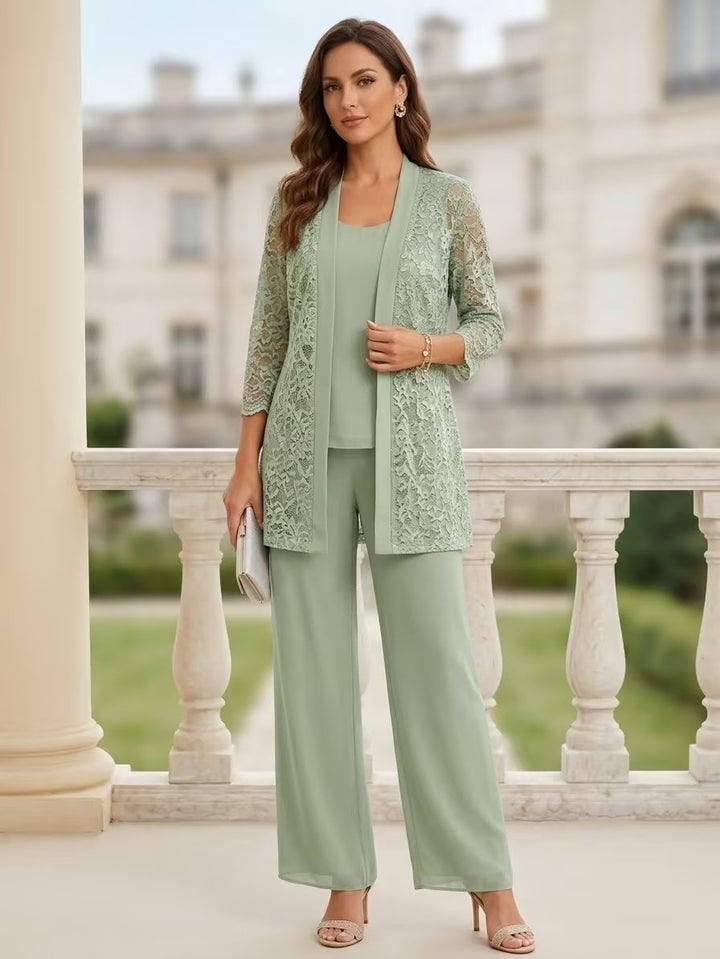 3 Pieces Suit Scoop Chiffon Mother of the Bride Pantsuits with Jacket 3/4 Sleeves Lace Floor-Length