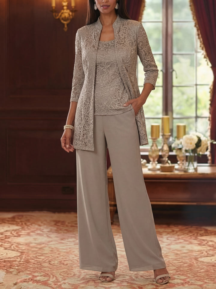 3 Pieces Suit Scoop Chiffon Mother of the Bride Pantsuits with Jacket 3/4 Sleeves Lace Ankle-Length
