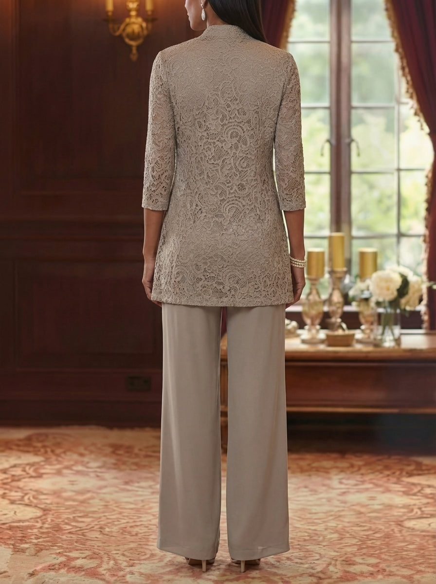 3 Pieces Suit Scoop Chiffon Mother of the Bride Pantsuits with Jacket 3/4 Sleeves Lace Ankle-Length