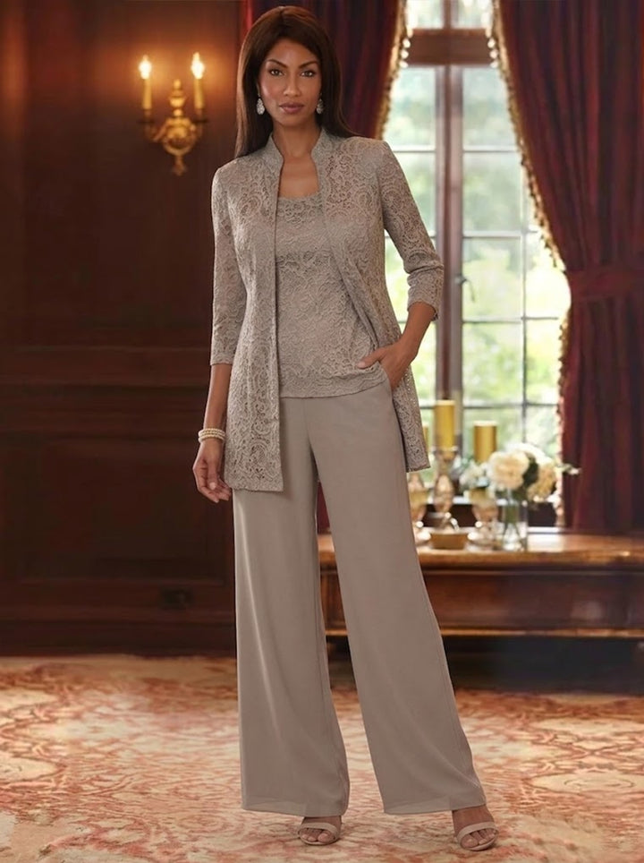 3 Pieces Suit Scoop Chiffon Mother of the Bride Pantsuits with Jacket 3/4 Sleeves Lace Ankle-Length
