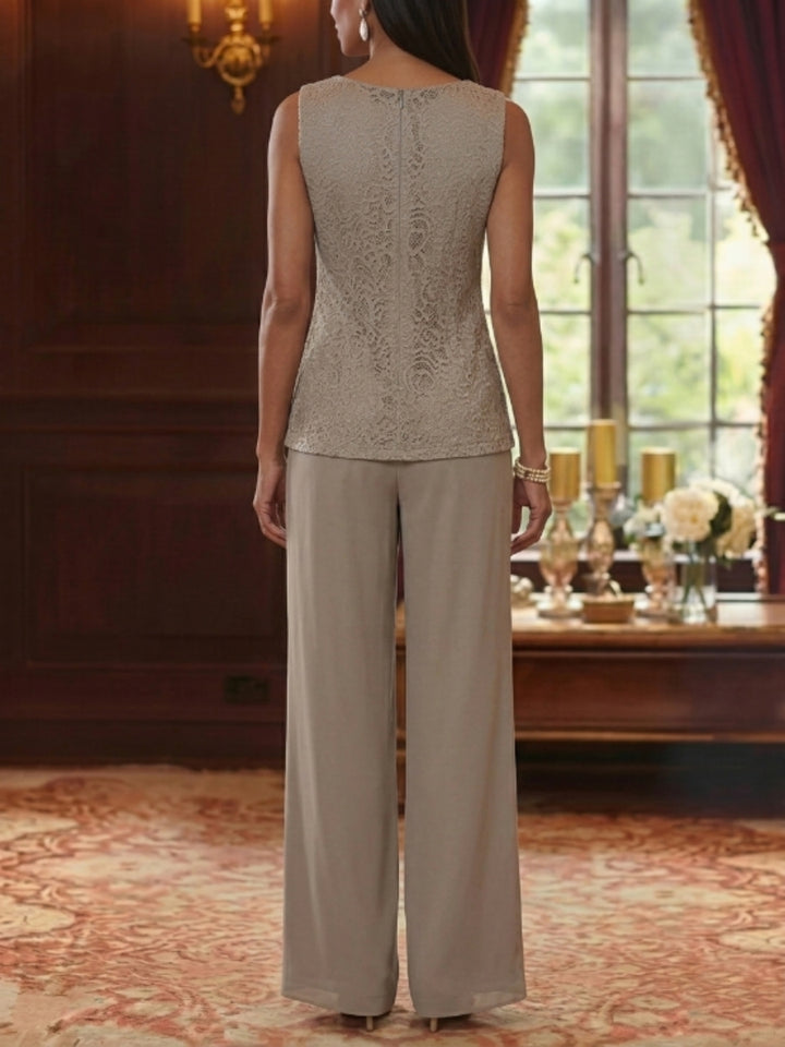 3 Pieces Suit Scoop Chiffon Mother of the Bride Pantsuits with Jacket 3/4 Sleeves Lace Ankle-Length