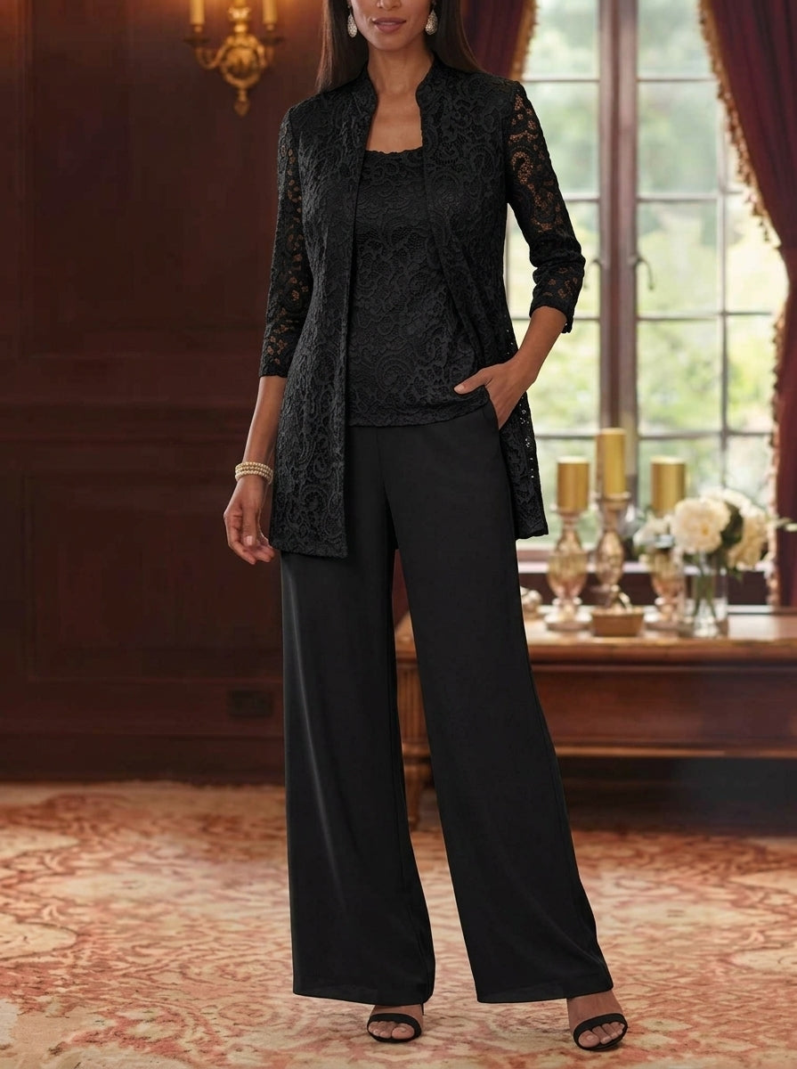 3 Pieces Suit Scoop Chiffon Mother of the Bride Pantsuits with Jacket 3/4 Sleeves Lace Ankle-Length