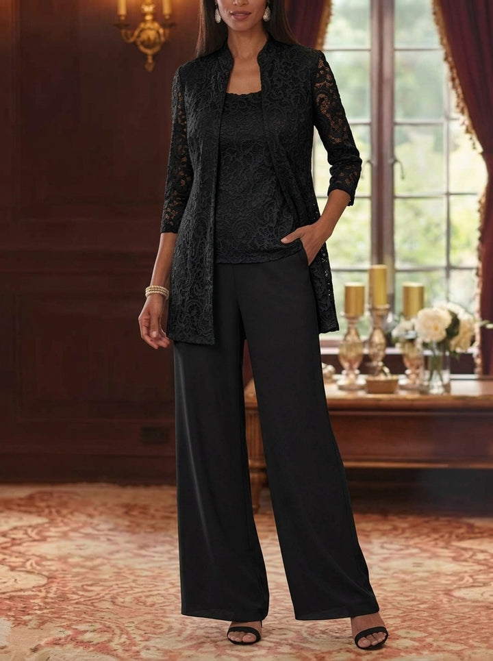 3 Pieces Suit Scoop Chiffon Mother of the Bride Pantsuits with Jacket 3/4 Sleeves Lace Ankle-Length
