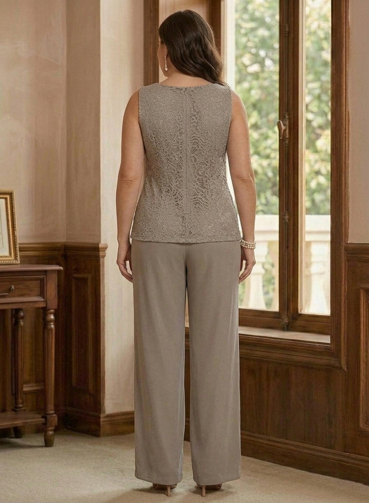 3 Pieces Suit Scoop Chiffon Plus Size Mother of the Bride Pantsuits with Jacket 3/4 Sleeves Lace Ankle-Length