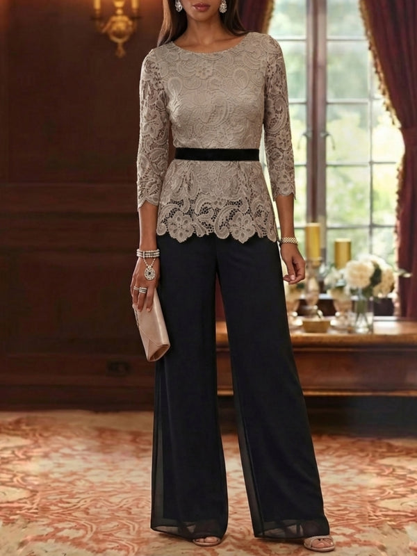 taupe 2 piece mother of the bride pantsuit with lace top