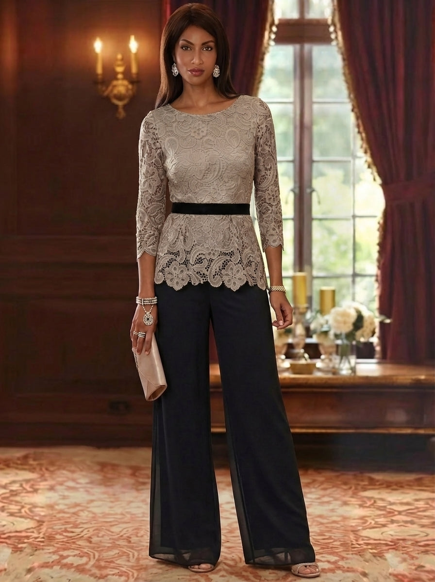 2 Piece Scoop Chiffon Mother of the Bride Pantsuits Lace 3/4 Sleeves Ankle-Length Belt