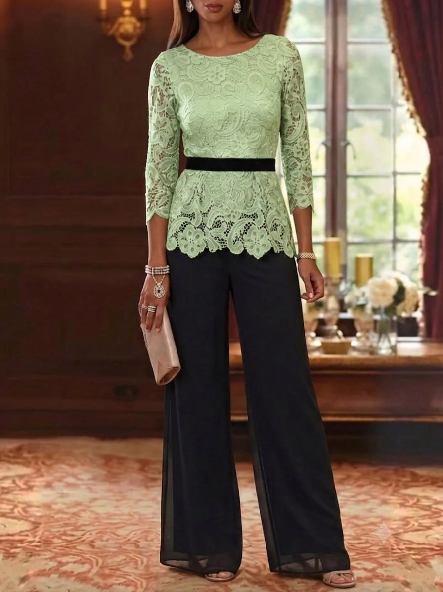 2 Piece Scoop Chiffon Mother of the Bride Pantsuits Lace 3/4 Sleeves Ankle-Length Belt