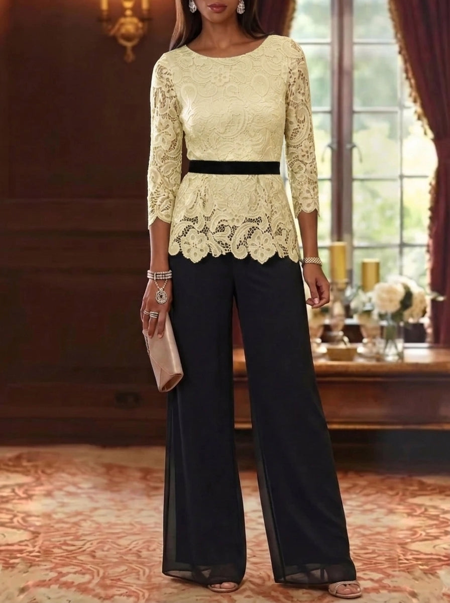 2 Piece Scoop Chiffon Mother of the Bride Pantsuits Lace 3/4 Sleeves Ankle-Length Belt