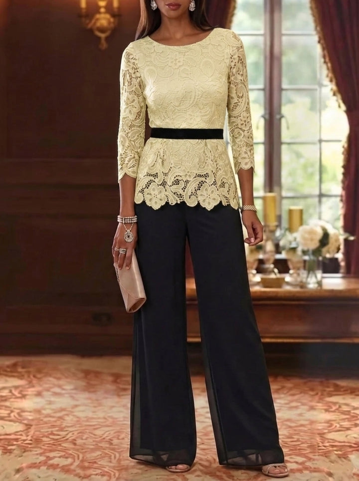 2 Piece Scoop Chiffon Mother of the Bride Pantsuits Lace 3/4 Sleeves Ankle-Length Belt