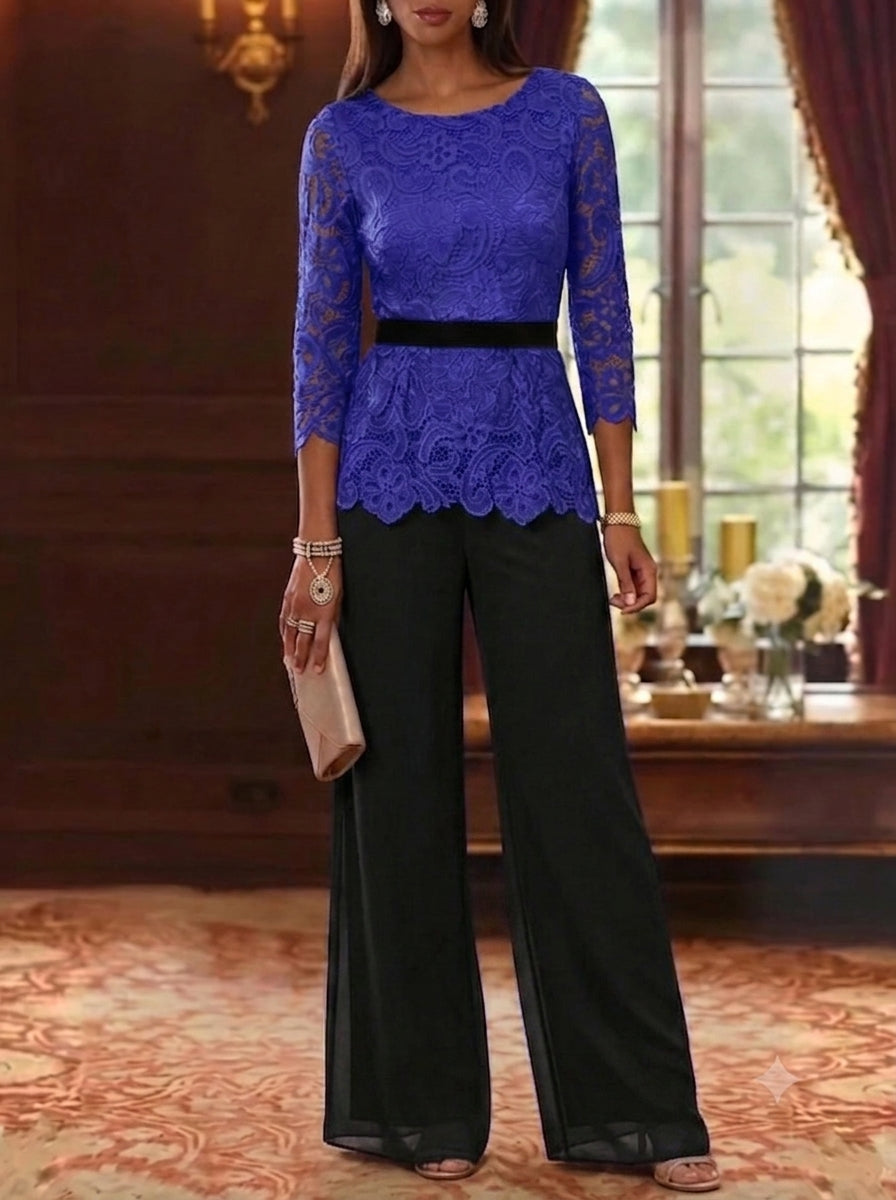 2 Piece Scoop Chiffon Mother of the Bride Pantsuits Lace 3/4 Sleeves Ankle-Length Belt