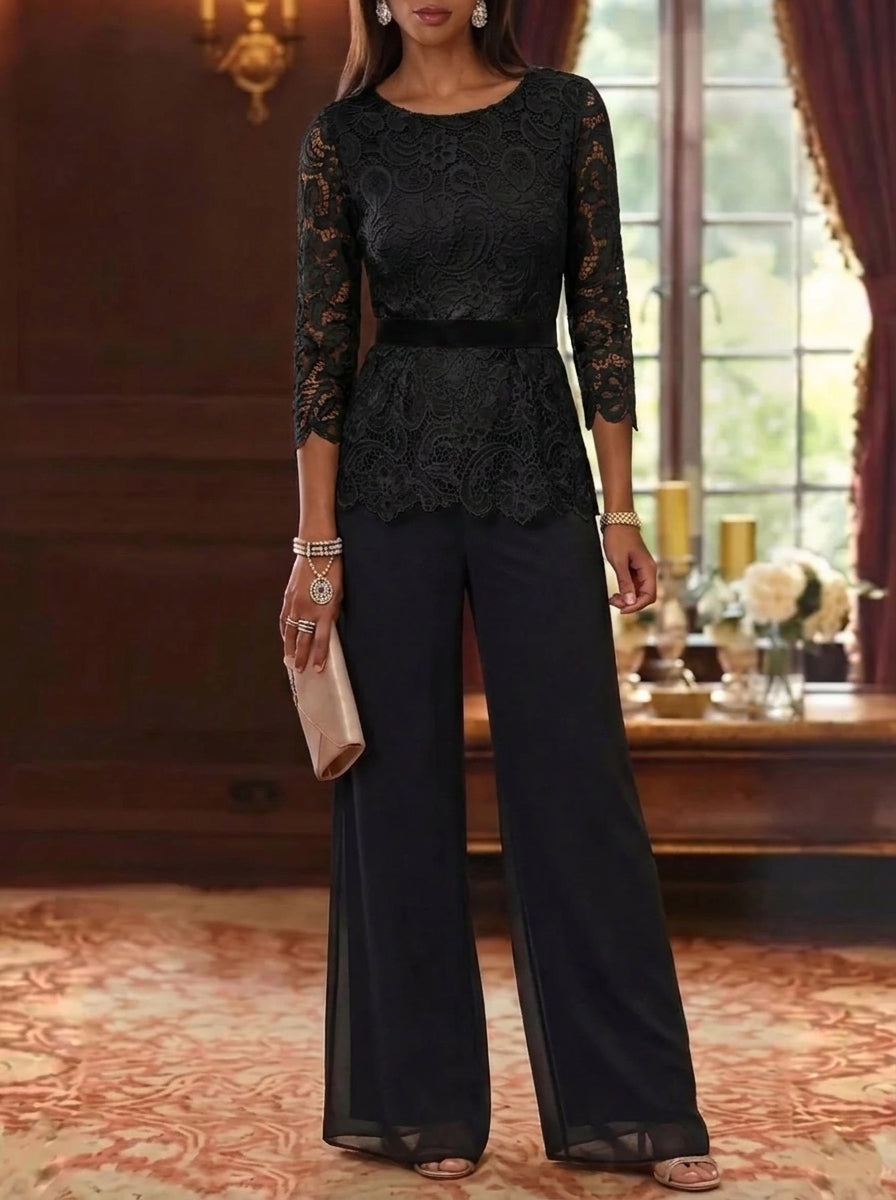 2 Piece Scoop Chiffon Mother of the Bride Pantsuits Lace 3/4 Sleeves Ankle-Length Belt