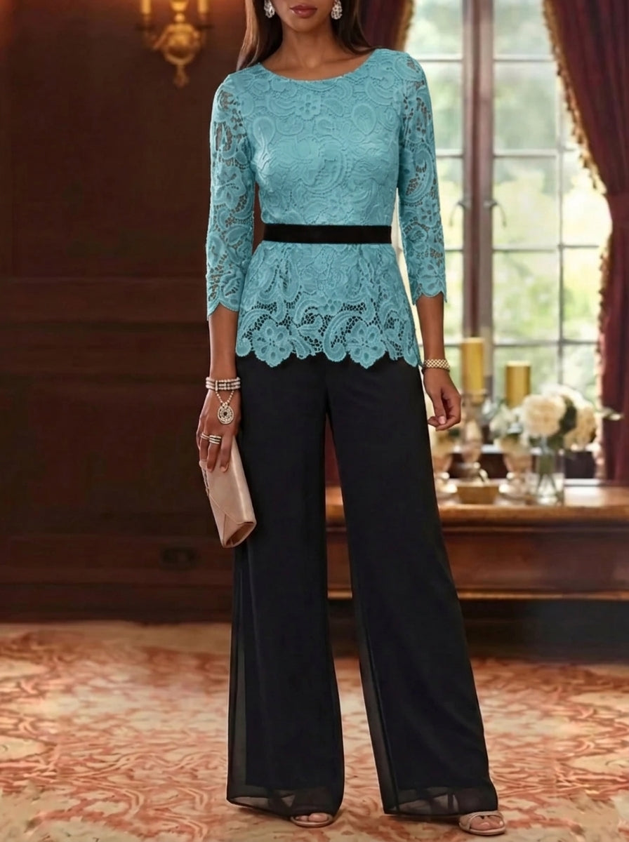 2 Piece Scoop Chiffon Mother of the Bride Pantsuits Lace 3/4 Sleeves Ankle-Length Belt
