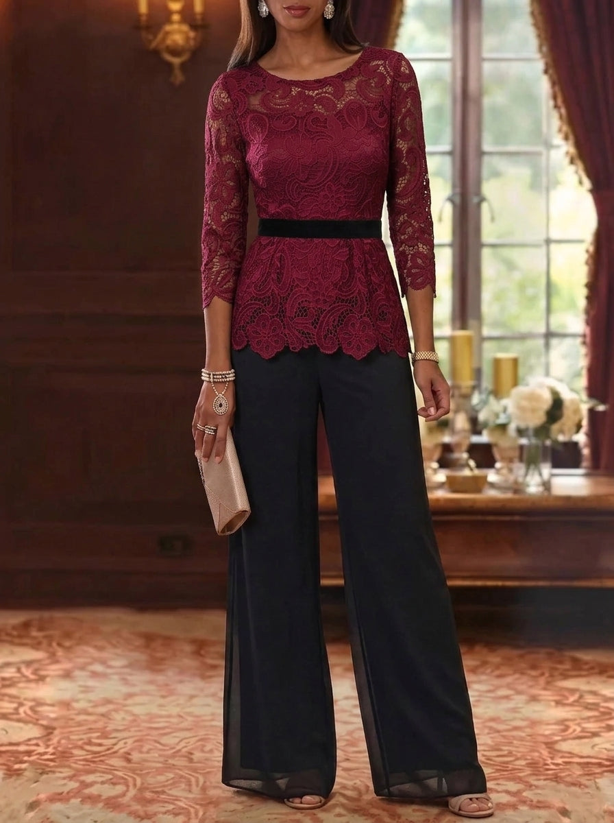 2 Piece Scoop Chiffon Mother of the Bride Pantsuits Lace 3/4 Sleeves Ankle-Length Belt