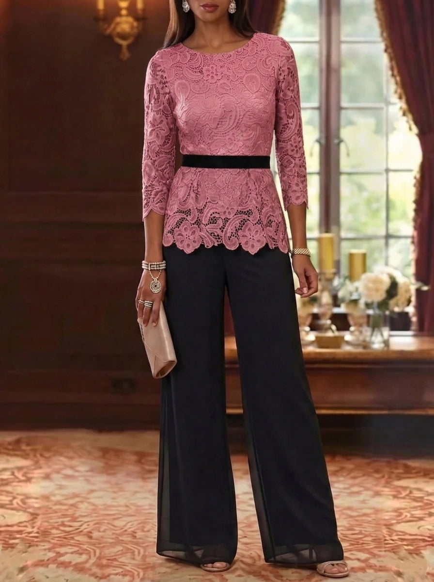 2 Piece Scoop Chiffon Mother of the Bride Pantsuits Lace 3/4 Sleeves Ankle-Length Belt
