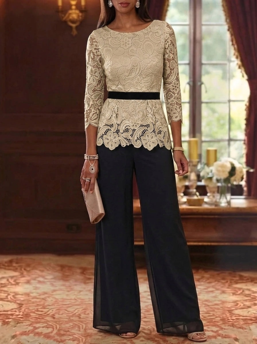 2 Piece Scoop Chiffon Mother of the Bride Pantsuits Lace 3/4 Sleeves Ankle-Length Belt