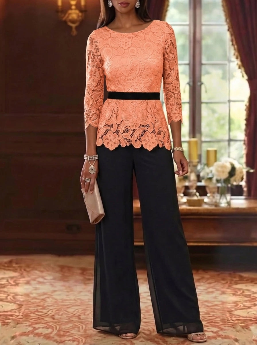 2 Piece Scoop Chiffon Mother of the Bride Pantsuits Lace 3/4 Sleeves Ankle-Length Belt