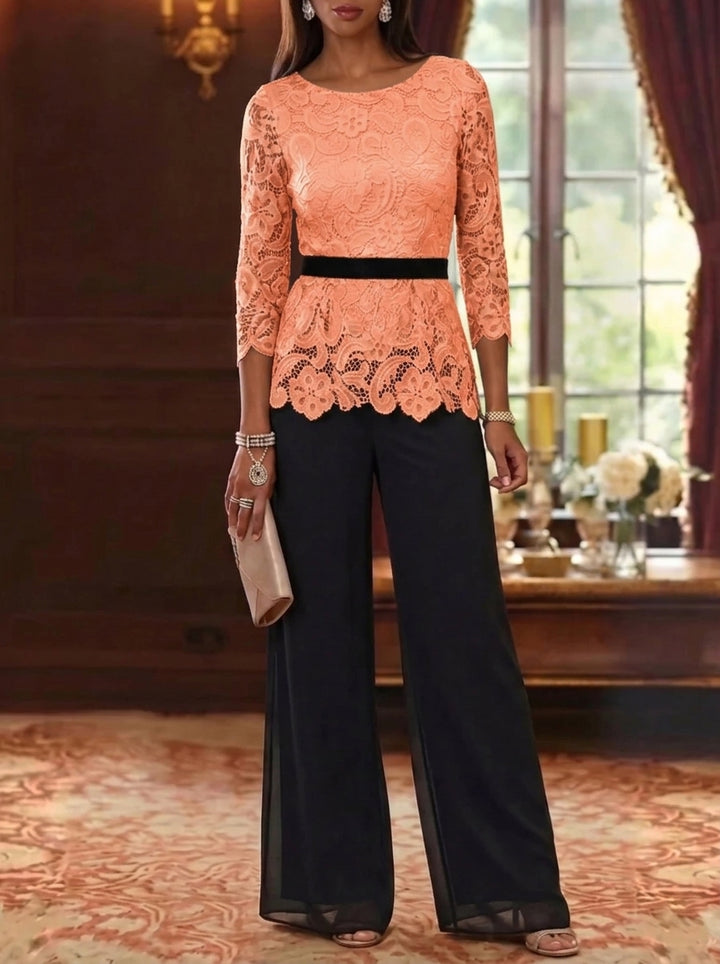 2 Piece Scoop Chiffon Mother of the Bride Pantsuits Lace 3/4 Sleeves Ankle-Length Belt