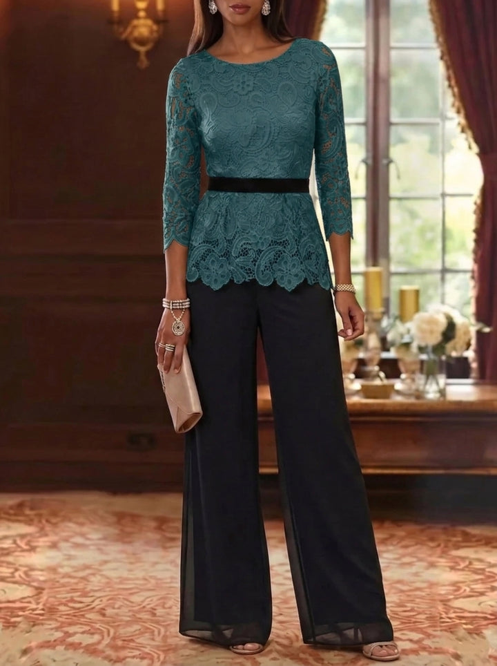 2 Piece Scoop Chiffon Mother of the Bride Pantsuits Lace 3/4 Sleeves Ankle-Length Belt
